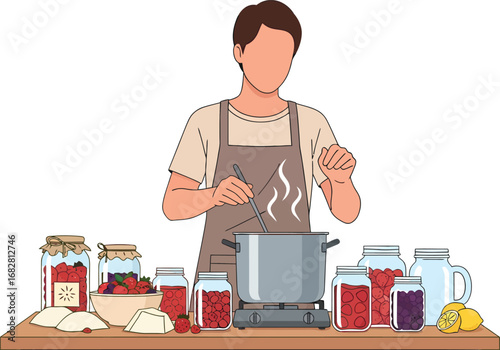 Person in apron cooking with jars of fruit and lemons.