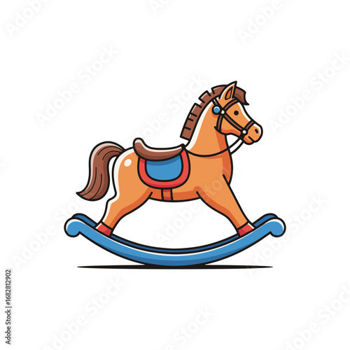 Cartoon illustration of a wooden rocking horse with saddle and bridle, isolated on white.