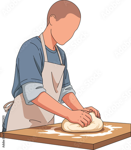 Person kneading dough on a wooden board with flour.