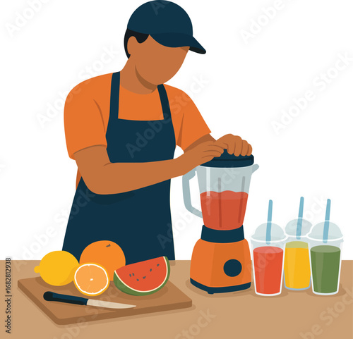 Person making fresh fruit smoothies with a blender and assorted fruits.