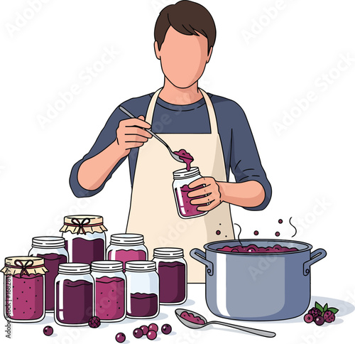 Person making homemade berry jam in jars and pot.