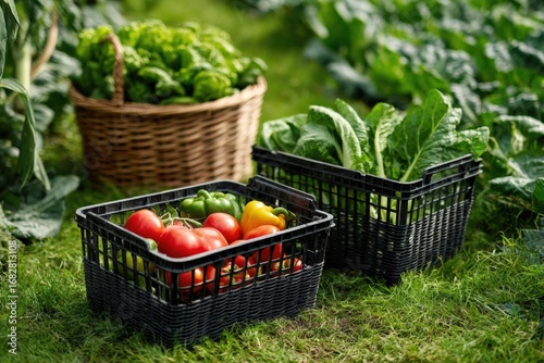 Fresh produce in baskets in a garden