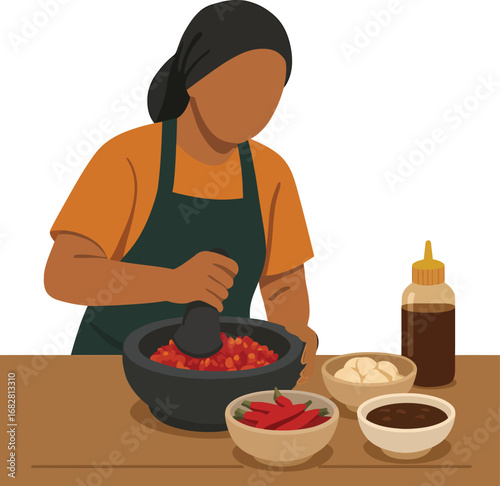 Person preparing ingredients in a mortar and pestle with chili peppers and sauces.