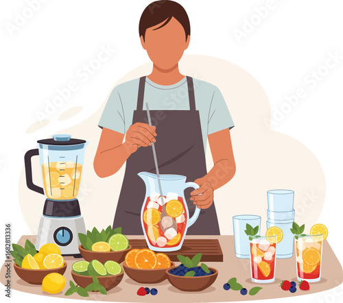 Person preparing refreshing fruit infused beverage with blender and fresh ingredients.