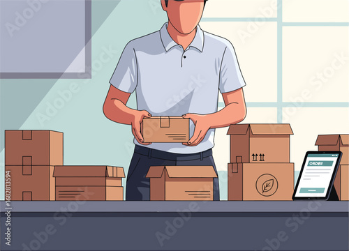 Warehouse worker holding a package with boxes and tablet.