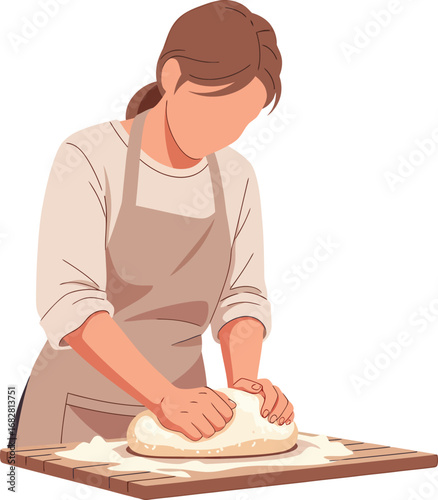 Woman kneading dough on a wooden board.