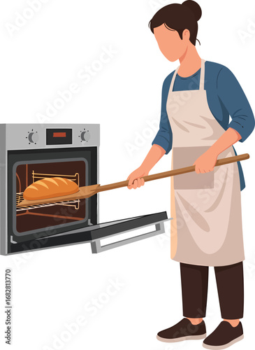 Woman using a peel to remove bread from an oven.