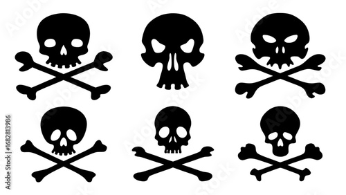 Assortment of classic skeletal head and crossed bone emblems, signifying caution and potential hazards