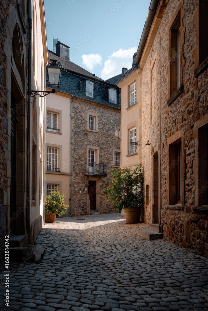 Fototapeta premium Luxembourg Cityscape with Narrow Streets, Stone Buildings, and Sunlit Roofs 