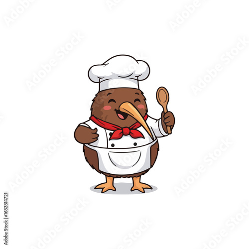 A cheerful cartoon kiwi bird dressed as a chef, wearing a white hat and apron, holding a wooden spoon.