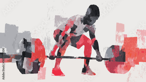 A young athlete lifts a barbell with focus and determination in a contemporary gym. The dynamic background features vibrant geometric shapes that convey energy and movement.