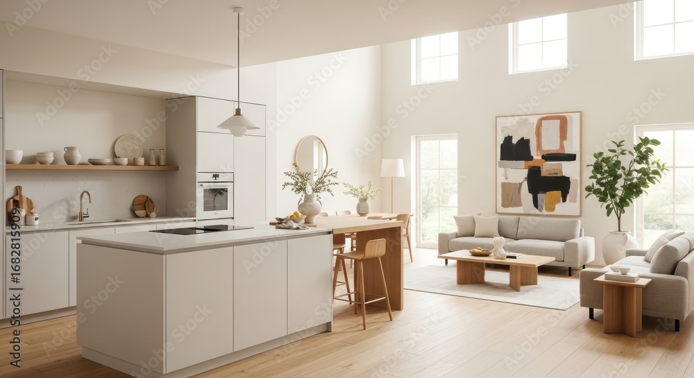 Fototapeta premium A bright and spacious open plan living area with kitchen and seating arrangement offering a sense