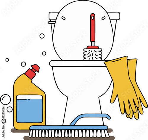 Toilet cleaning tools cartoon illustration