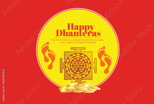 Illustration of Dhanteras Celebration with Kalash, Coins, marigold garlands, and footprints symbolizing prosperity,
