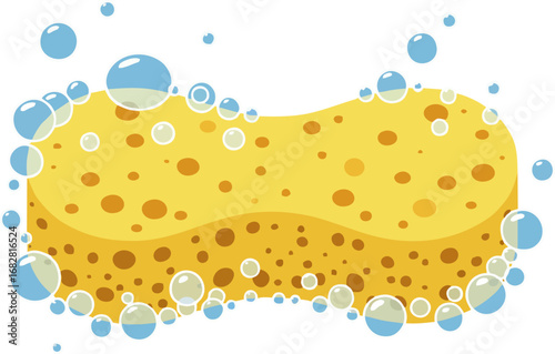 A porous yellow sponge with soapy bubbles