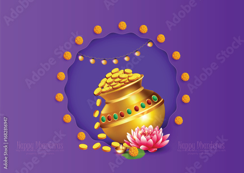 Illustration of Dhanteras Celebration with Kalash, Coins, marigold garlands, and footprints symbolizing prosperity,