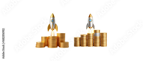 3D illustration of a golden rocket with a pile of gold coins on a white background