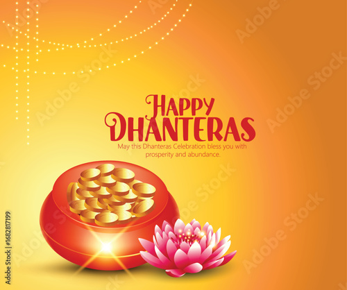 Illustration of Dhanteras Celebration with Kalash, Coins, marigold garlands, and footprints symbolizing prosperity,