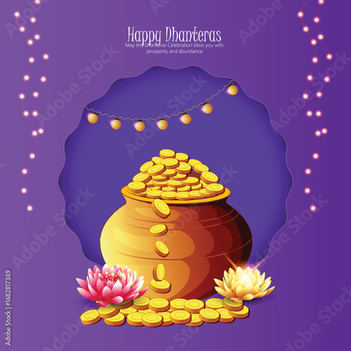 Illustration of Dhanteras Celebration with Kalash, Coins, marigold garlands, and footprints symbolizing prosperity,