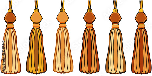 A detailed close-up view of various decorative tassel trims hanging in a row on a white or transparent background. The tassels are attached to thick, braided cords and arranged in four distinct styles
