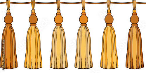 A detailed close-up view of various decorative tassel trims hanging in a row on a white or transparent background. The tassels are attached to thick, braided cords and arranged in four distinct styles