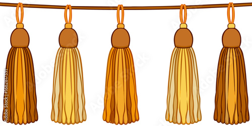 A detailed close-up view of various decorative tassel trims hanging in a row on a white or transparent background. The tassels are attached to thick, braided cords and arranged in four distinct styles
