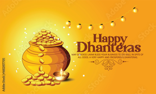 Illustration of Dhanteras Celebration with Kalash, Coins, marigold garlands, and footprints symbolizing prosperity,