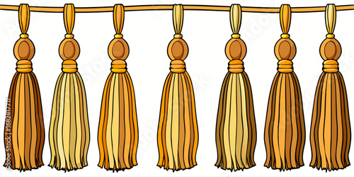 A detailed close-up view of various decorative tassel trims hanging in a row on a white or transparent background. The tassels are attached to thick, braided cords and arranged in four distinct styles