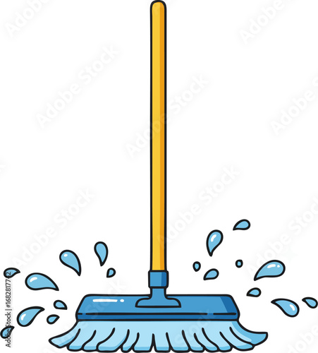 Cartoon mop dances with water droplets