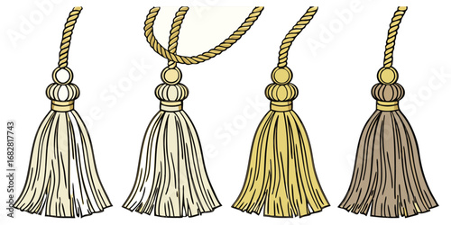 A detailed close-up view of various decorative tassel trims hanging in a row on a white or transparent background. The tassels are attached to thick, braided cords and arranged in four distinct styles