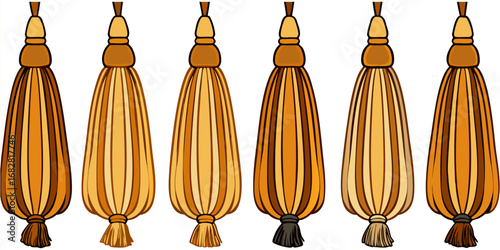 A detailed close-up view of various decorative tassel trims hanging in a row on a white or transparent background. The tassels are attached to thick, braided cords and arranged in four distinct styles