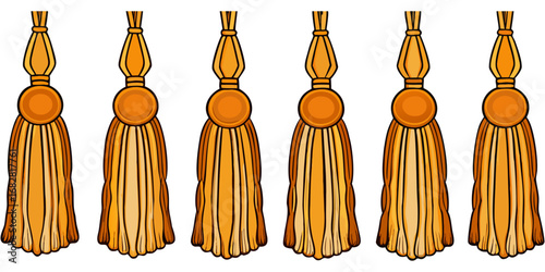 A detailed close-up view of various decorative tassel trims hanging in a row on a white or transparent background. The tassels are attached to thick, braided cords and arranged in four distinct styles