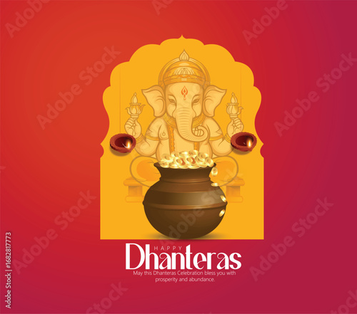 Illustration of Dhanteras Celebration with Kalash, Coins, marigold garlands, and footprints symbolizing prosperity,