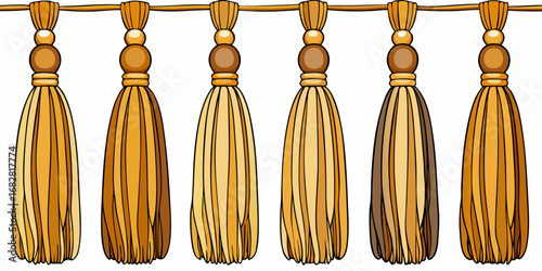 A detailed close-up view of various decorative tassel trims hanging in a row on a white or transparent background. The tassels are attached to thick, braided cords and arranged in four distinct styles
