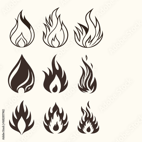 Stylized Flame Icons Collection Set of Fire Symbols