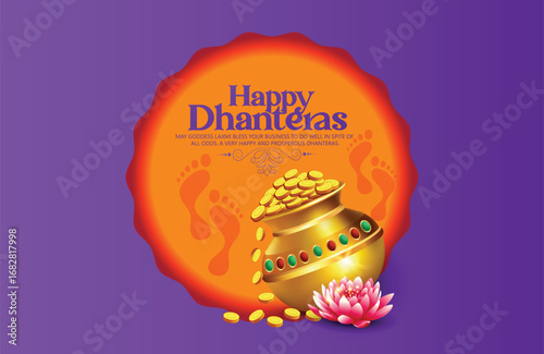 Illustration of Dhanteras Celebration with Kalash, Coins, marigold garlands, and footprints symbolizing prosperity,
