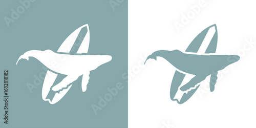 Logo club de surf. Silueta de ballena con tabla de surf	
