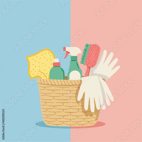 Cleaning supplies basket divides twotone background
