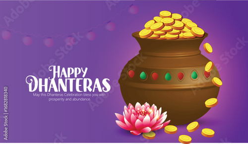 Illustration of Dhanteras Celebration with Kalash, Coins, marigold garlands, and footprints symbolizing prosperity,