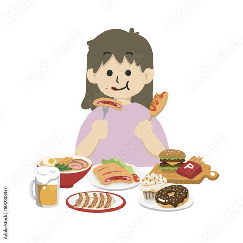 暴飲暴食する女性のイラスト