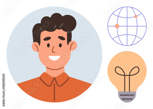 Smiling man portrait inside circle, globe with pinpoint overlays, and lightbulb outline. Ideal for teamwork, innovation, creativity, global connections, education, problem-solving remote work