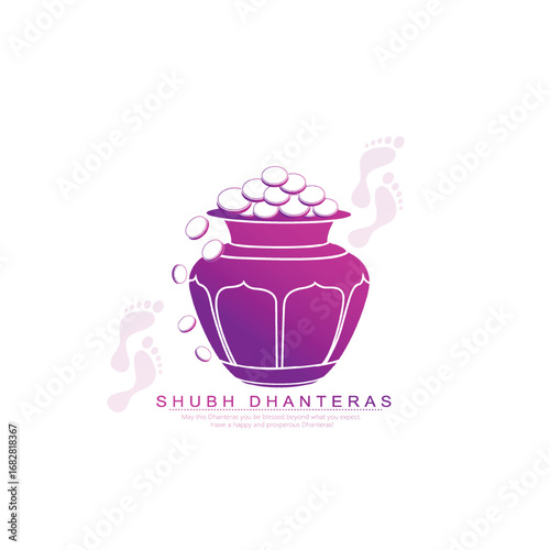 Illustration of Dhanteras Celebration with Kalash, Coins, marigold garlands, and footprints symbolizing prosperity,