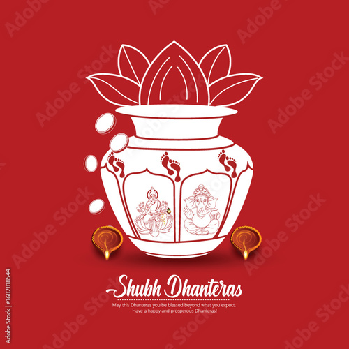 Illustration of Dhanteras Celebration with Kalash, Coins, marigold garlands, and footprints symbolizing prosperity,