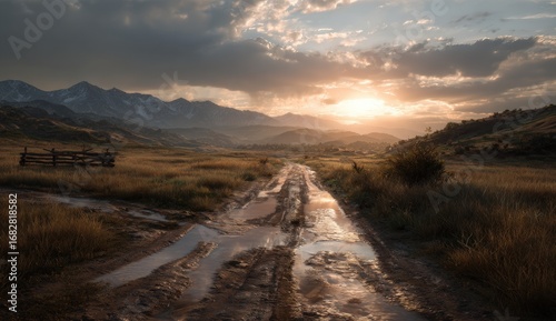 A dirt road winds through a valley at sunset
