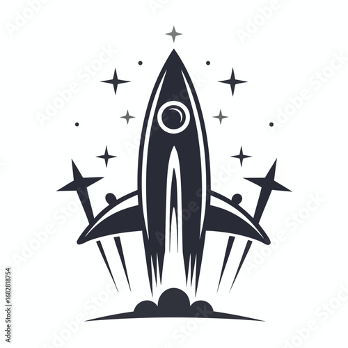 Rocket Launching with Stars on White Background Retro Spacecraft Design