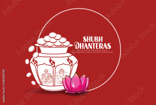 Illustration of Dhanteras Celebration with Kalash, Coins, marigold garlands, and footprints symbolizing prosperity,