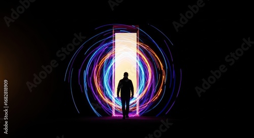 Silhouette exploring the portal of luminous energy on a dark stage backdrop