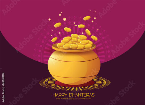 Illustration of Dhanteras Celebration with Kalash, Coins, marigold garlands, and footprints symbolizing prosperity,