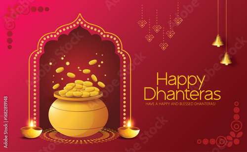 Illustration of Dhanteras Celebration with Kalash, Coins, marigold garlands, and footprints symbolizing prosperity,