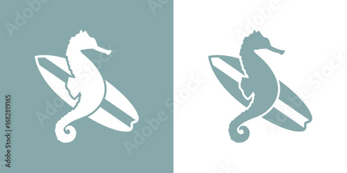 Logo club de surf. Silueta de caballo de mar con tabla de surf	